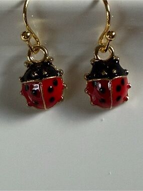SMALL Gold Ladybug Dangle Earrings - Red and Black Enamel